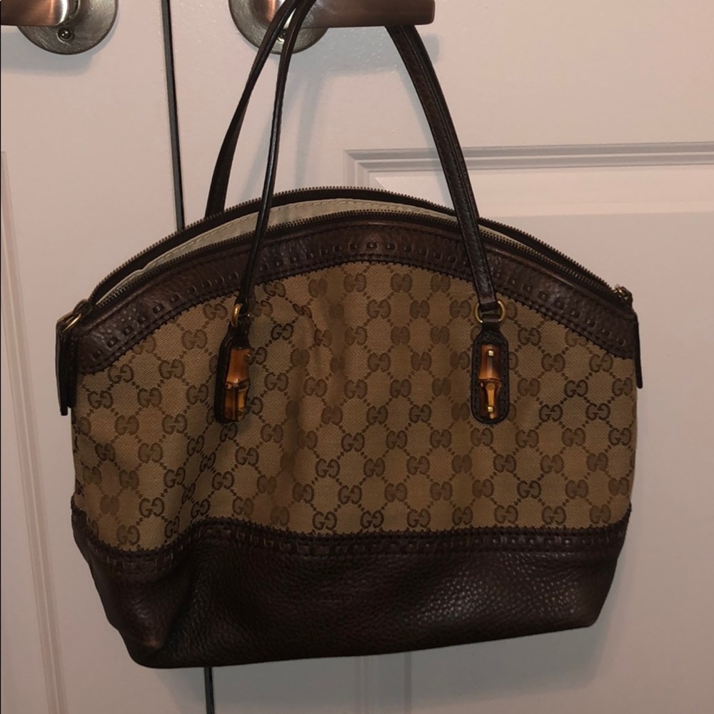 Gucci tote bag brown canvas with brown leather